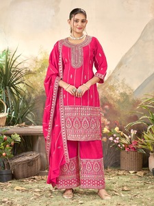 Costume palazzo pour femme en chinon pur, brodé, pour fêtes, mariages et occasions festives, export Inde, prix de gros. - Product Image 1