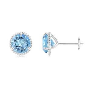 Boucles d'oreilles clous en or blanc 14 carats avec aigue-marine taille ronde, serti vintage Milgrain Halo, bijoux fins pour femme, cadeau pour elle - Product Image 1