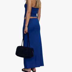 Women's Strapless Tube Top <b>Set</b> Blue Knitted Two Piece Full Length Solid Color Breathable Spandex Polyester Regular Fit Maxi <b>Sets</b> - Product Image 2
