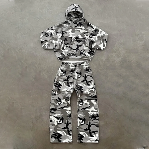 Grey <b>Camouflage</b> Hooded <b>Tracksuit</b> Set Cropped Hoodie Sweatpants Elastic Waist Long Pants Casual 2 Piece Set - Product Image 6