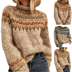 Women's Turtleneck Knit Sweater Geometric Pattern Thick Acrylic Winter Pullover Casual Full Sleeve Regular Length - Product Image 1