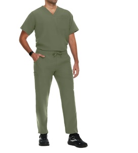 Men Medical Scrubs Set Stretch V-Neck <b>Top</b> and 6 Pocket Tapered Pants Elastic Waist Uniform - Product Image 1