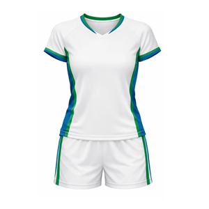 Ensemble d'uniformes de volley-ball blancs pour femmes, col en V, manches courtes, évacuation de l'humidité, 100 % polyester, coupe ajustée avec accents bleu-vert - Product Image 1