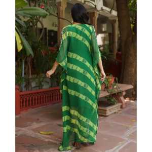 Kaftan Bohème Vert Beryl à Manches 3/4, Silhouette Fourreau Respirante, Longueur Midi, Tissu Mousseline - Product Image 4