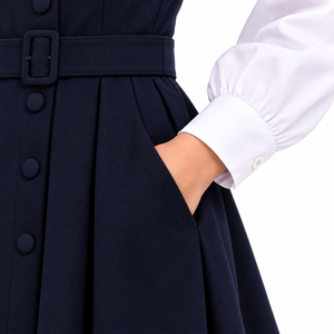 Girls' Children Plain Navy Pinafore School Uniform <b>White</b> Long Sleeve Blouse Belted <b>Pleated</b> <b>Skirt</b> Student Wear Button Front Dress - Product Image 4