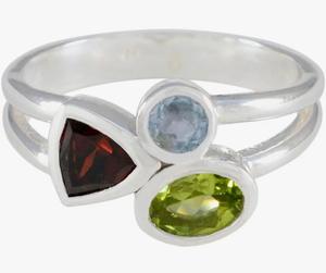 Geometric 925 Silver <b>Ring</b> With <b>Garnet</b> Peridot And Aquamarine Bezel Set Stones Bohemia Style Unisex Gemstone <b>Ring</b> - Product Image 4