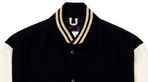 Blouson universitaire noir pour homme en laine avec manches en similicuir, bordure côtelée rayée, boutons-pression, style Letterman, vêtement d'extérieur universitaire - Product Image 4