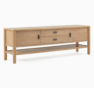Buffet moderne en teck massif avec porte coulissante et tiroirs centraux, style scandinave minimaliste, rangement en bois - Product Image 1