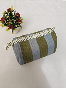 กระเป๋าเครื่องสำอางผ้าฝ้ายพิมพ์ลายดอกไม้สีเขียวลายทาง ทนทาน มีซิป กระเป๋าอินเดียสำหรับจัดเก็บเครื่องสำอางสำหรับเดินทาง - Product Image 6