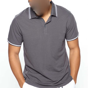 Polo de Manga Corta para Hombre, Color Sólido, Corte Regular, Informal, Transpirable, de Algodón Piqué, Gris con Cuello con Ribete Blanco - Product Image 3