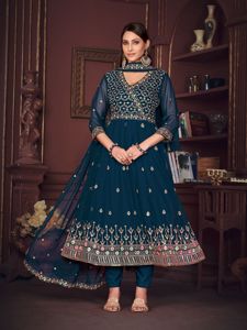 ชุดอานาร์กาลีสีฟ้าเทอร์ควอยซ์สำหรับผู้หญิง ดีไซน์หรูหรา ราคาประหยัด ผ้าจอร์เจตต์เครป แขนสามส่วน แบบเย็บกึ่งสำเร็จ เหมาะสำหรับงานเทศกาลต่างๆ - Product Image 4