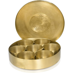 Wholesale Handcrafted Pure Brass Masala <b>Box</b> With Floral Engraved Lid 4 Compartment Traditional Indian Spice Organizer With Spoon - Product Image 2