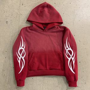 Men's Premium Tribal Tracksuit 2026 Burgundy <b>Red</b> Cyber Y2K Pullover Hoodie and Wide Leg <b>Flare</b> Pants Graphic Streetwear Outfit HD - Product Image 3