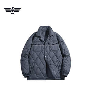 Custom Men's Winter Coated Windproof Jacket Diamond <b>Quilted</b> Padded Canvas Button-Up Insulated Outerwear Stand Collar Solid - Product Image 3