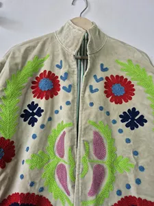 Ethnic Beige <b>Velvet</b> Suzani Floral Embroidered Jacket Full Sleeve Stand Collar Handmade Soft <b>Women's</b> Winter <b>Coat</b> - Product Image 5