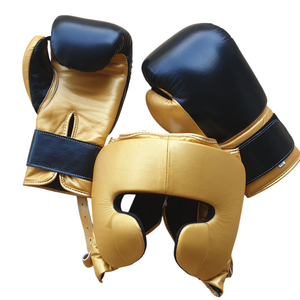 Ensemble de boxe OEM personnalisé |   Gants en cuir de vachette 14oz + protège-tête + protège-guêtres |   Fermeture à velcro |   Équipement de combat MMA Muay Thai - Product Image 3