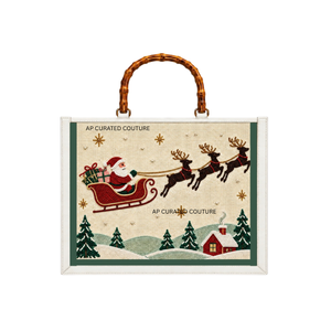 Bolsas de mano personalizadas al por mayor con cuentas de semillas y asas de bambú, diseño de panel rosa de Santa, bolsos de compras navideños. - Product Image 4