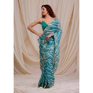 DISEÑADOR GEORGETTE IMPRESIÓN DIGITAL Y BORDADO TRABAJO SAREE CON BLUSA DESCOSADA SKY - Product Image 1