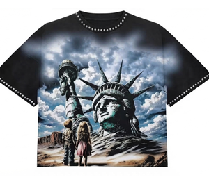 T-shirt imprimé graphique en jersey 100% coton avec strass personnalisés, style vintage tendance, manches courtes, unisexe - Product Image 1
