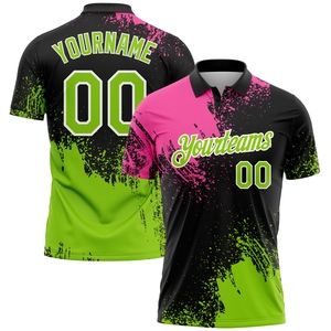 Venta al por Mayor Directa de OMMIZ INDUSTRY, Camiseta Polo Personalizada con Diseño Abstracto de Pinceladas en 3D, Color Rosa Neón Verde-Negro - Product Image 1