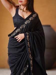 Sari de Algodón Negro Premium Tejido a Mano, Diseño Tradicional, Ligero, Absorbente de Humedad, Secado Rápido, Materiales Reciclados, Invierno Verano - Product Image 4