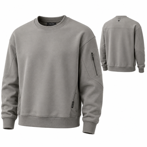 Sweat-shirt à col rond pour homme, coupe classique, couleur unie, coton French Terry, avec poche zippée sur la manche gauche - Product Image 1
