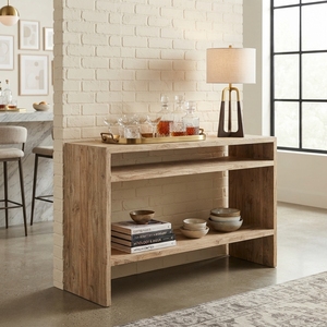 Solid Wood Console Table Modern <b>Rustic</b> Open Shelf Waterfall Entryway <b>Desk</b> Natural Teak Style Wooden Hallway Furniture Accent Tab - Product Image 3