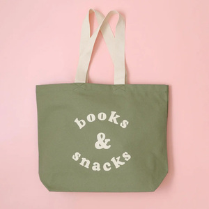 <b>Books</b> & Snacks Canvas <b>Tote</b> Bag Large Size Shoulder Handle Shopping Bag Daily Use Green Color Letter Print Design <b>Tote</b> Bag - Product Image 3