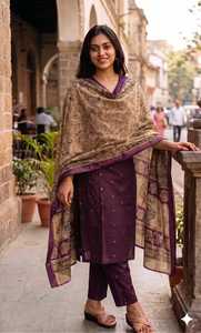 <b>Women</b> Purple Cotton Embroidered <b>Kurta</b> Set With Printed Dupatta Traditional Indian Pakistani Casual Office Wear - Product Image 2