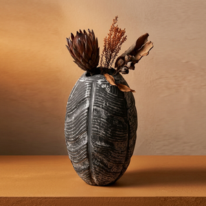 Handcrafted Segmented Dark <b>Flower</b> <b>Vase</b> Shows A Rustic <b>Black</b> Finish With Textured White Highlights For Modern Interior Decoration - Product Image 2