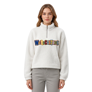 Sudaderas con capucha de forro polar sintético blanco con cremallera de un cuarto, al por mayor, bordado personalizado a color, sudadera de forro polar Sherpa, proveedor de moda urbana - Product Image 1