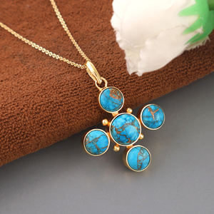 Collar de bisutería religiosa con colgante de cruz de turquesa azul Mohave, collar llamativo de latón chapado en oro de 18k - Product Image 3