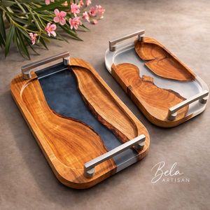 Plateau de service rectangulaire moderne en bois et résine époxy fait main avec poignées métalliques, design rivière de luxe pour thé, café, nourriture (personnalisable) - Product Image 1