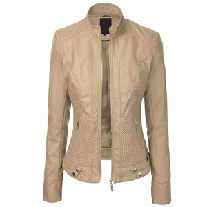Blouson moto en cuir PU marron pour femme, manches longues, col montant, fermeture éclair, couleur unie, style motard, pour l'automne - Product Image 3