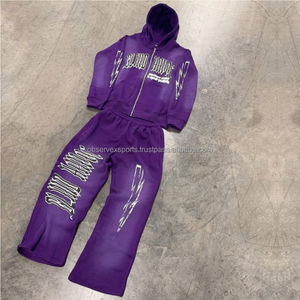Personalizado apliques parche bordado Jogger chándales lavado ácido sol desteñido acampanado Sudadera con capucha y pantalones de chándal conjunto para hombres - Product Image 3