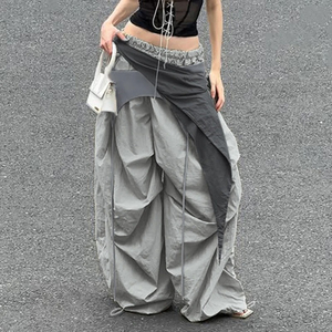 Pantalones Cargo Casuales de Cintura Alta para Mujer, Elásticos, de Pierna Ancha, con Parches a Rayas, Diseño Plano Fruncido, Bolsillos, Cierre Elástico en la Cintura, para Verano - Product Image 6