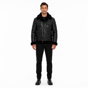 <b>Men's</b> Premium Matte Black Sheep Nappa Leather B-6 Aviator <b>Jacket</b> Wool <b>Shearling</b> Breathable Windproof Plus Size Autumn/Winter - Product Image 1