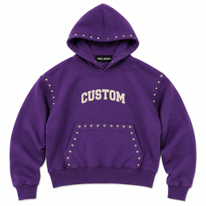 Sudadera con Capucha Oversize Morada de Sarga con Tachuelas y Estampado de Letras Personalizado, Bolsillo Delantero, Ropa de Otoño para Hombre, Estilo Urbano - Product Image 1