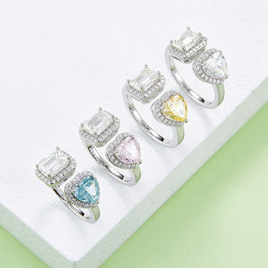 Moissanite Engagement <b>Ring</b> S925 <b>Silver</b> <b>Emerald</b> Cut Heart Shape Pave Setting Women's Romantic Style - Product Image 2