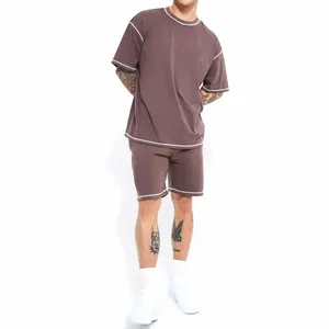 Ensembles de survêtements courts pour hommes, personnalisés, été, unisexe, en coton, 2 pièces, effet délavé, ensemble short de sport - Product Image 2