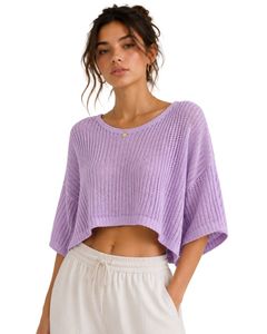 Pull court en tricot ample pour femme, couleur lavande, manches courtes, léger et respirant, idéal pour l'été, style décontracté et tendance - Product Image 1