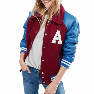 Chaqueta Varsity Moderna para Mujer, Color Granate y Azul, Manga de Cuero PU, Letra A en el Frente, Cuello Camisero, Manga Larga, Estilo Otoñal - Product Image 1
