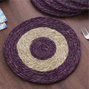 Wholesale Handcrafted Round Woven Seagrass Placemat Eco-Friendly Purple and Natural <b>Table</b> Mat <b>for</b> Dining Room Kitchen Decor - Product Image 1
