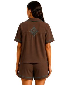 Customized Brown Women Pajama Set Short Sleeve Button <b>Down</b> Nightwear Soft Breathable Summer Sleepwear Casual Lounge Set - Product Image 2