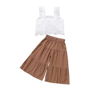 Conjunto de 2 Piezas para Bebés y Niñas Pequeñas, Top sin Mangas con Encaje y Pantalones Anchos Casuales con Elástico, Ropa Transpirable de Color Sólido - Product Image 3