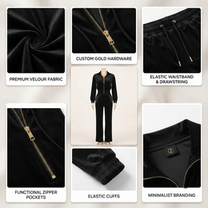 Ensemble de survêtement tricoté pour femme, style urbain, à manches longues, avec fermeture éclair, col à capuche, patchs unis, coupe ajustée, hiver, noir, 2 pièces - Product Image 5