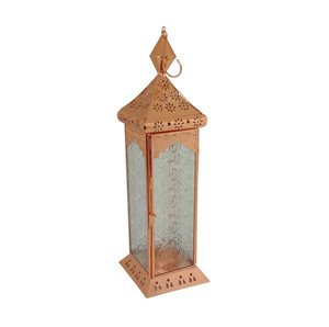 Lanterne à bougie en métal orange, toit plat, cheminée cylindrique, poignée en fil métallique, panneau grillagé à lattes, cadre carré en fer, pour table - Product Image 6