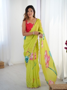Hermoso Saree de Chinnon con Bordado de Espejo, Blusa sin Coser y Diseño Floral para Mujer, Ideal para Fiestas Tradicionales - Product Image 4