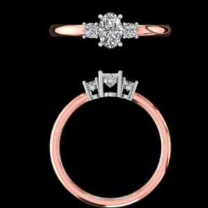 Rose Gold Three <b>Stone</b> Engagement Ring with Oval Center Diamond and Round Side Accents Minimalist Polished Band Women Jewelry - Product Image 3