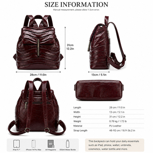 Sac à dos en cuir verni rouge vin plissé pour femme, sac de voyage plissé avec fermoir en métal gris, grand sac à dos de jour - Product Image 5